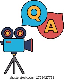 A camera is on a tripod and is pointing at a Q and A sign. The camera is a symbol of recording and capturing moments, while the Q and A sign represents the act of asking questions and seeking answers