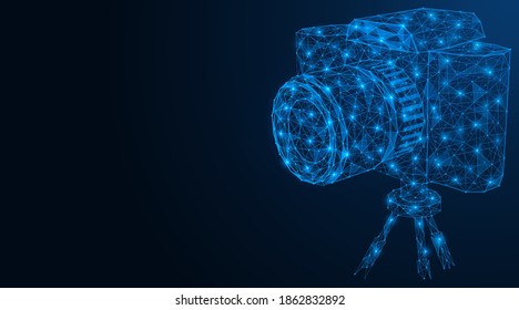 Camera on a tripod. A polygonal network of concatenated lines and points. Blue background.