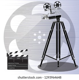 Camera on a tripod and tv flapper on a blue background