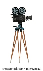 Camera on tripod vector illustration. Black old fashioned videocamera isolated clipart on white background. Cinematography and filmmaking, cameraman equipment. design element