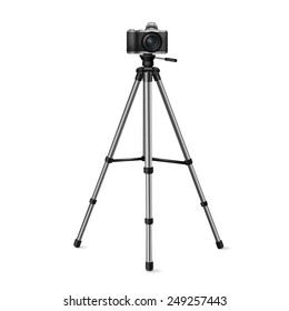 camera on a tripod, vector image realistic camera in black on a white background