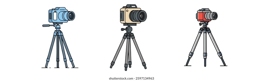 Camera On Tripod vectors, A vector set displaying different types of modern and traditional camera tripods used for photography and video. Rendered in a flat design style, these illustrations.