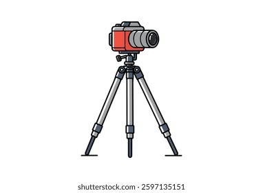 Camera On Tripod vectors,  A vector illustration featuring an icon of a camera on a tripod, displayed against a clean background. This simple and modern design is ideal for use in various digital.