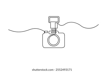 Camera one continuous line drawing vector illustration, One continuous editable line drawing of a professional camera, One continuous line drawing of camera linear style.