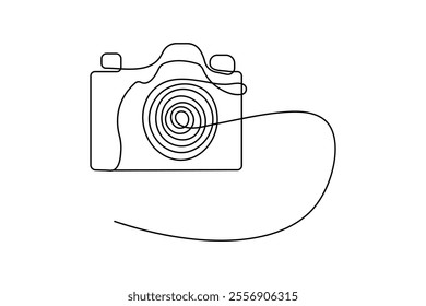 Camera one line drawing of minimalist vector icon with black and white background
