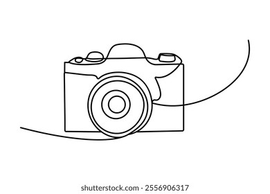 Camera one line drawing of minimalist vector icon with black and white background
