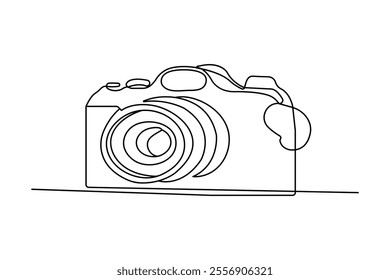 Camera one line drawing of minimalist vector icon with black and white background
