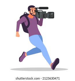 Camera operator with recording equipment on shoulder semi flat RGB color vector illustration. Mass media occupation. Running male paparazzi isolated cartoon character on white background