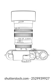 Camera with optical lens. Vector illustration. Sketch for creativity.
