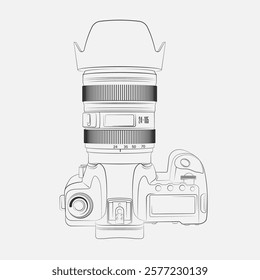 Camera with optical lens. Vector illustration. Sketch for creativity.