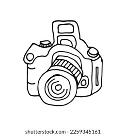 Camera. Optical-mechanical device for photography. Digital camera. Doodle. Hand drawn. Vector illustration. Outline.