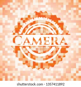 Camera orange tile background illustration. Square geometric mosaic seamless pattern with emblem inside.
