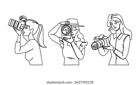 camera outdoor photography vector. photo summer, picture portrait, woman nature camera outdoor photography character. people black line pencil drawing illustration