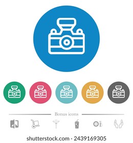 Camera outline flat white icons on round color backgrounds. 6 bonus icons included.