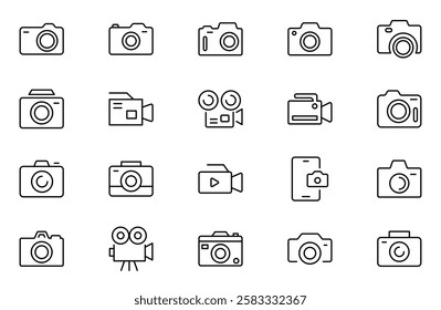 Camera outline icon set. Photography, video, shooting, camera lens, tripod, studio, action camera and camera and equipment line icon set