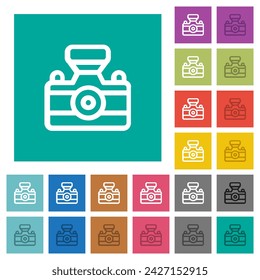 Camera outline multi colored flat icons on plain square backgrounds. Included white and darker icon variations for hover or active effects.