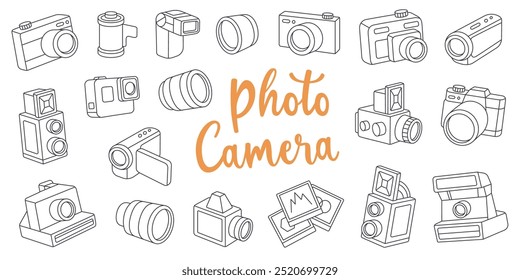 Camera outline set. Photo studio equipment. Lens with shutters, video and action cam, film strips, photo frames, external flash. Vector illustration.
