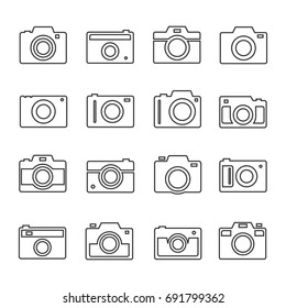 Camera outline set. Photo and video gear to capture memories, take pictures. Vector flat style cartoon illustration, isolated, white background