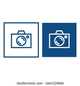 Camera outline. The symbol is located in a square frame. Vector blue icons.
