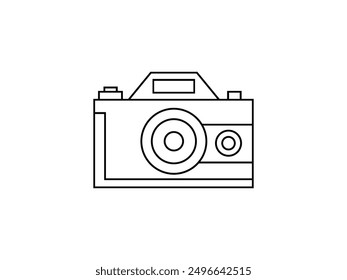 Camera outline vector icon. Photographer photography digital camera in stroke line shape with focus lens isolated on white color background