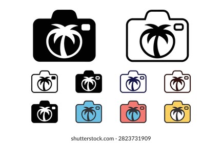Camera with palm tree lens icon set photography vacation landscape snapshot isolated