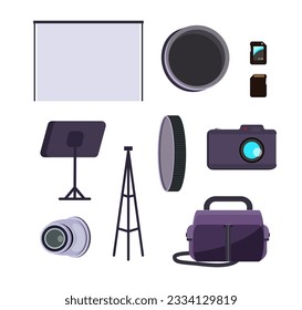 Camera parts and equipment vector illustrations set. Cartoon drawings of lenses, tripod, bag, backdrop, memory cards and accessories on white background. Photography equipment, craft concept