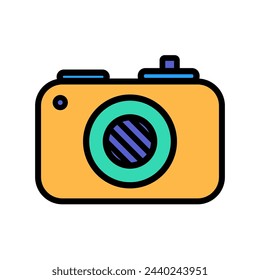 Camera for Party photographing memorable event, birthday symbol. Simple style kids photo camera for design of children entertainment center. Color stroke icon isolated on white background