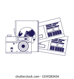 camera with passport and flight passboards over white background, vector illustration