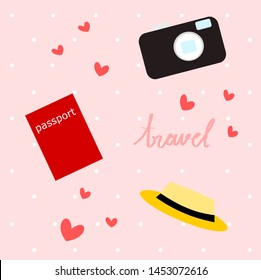 Camera, passport and Panama hat icon on pink background with white dot and red heart. Travel lover concept. Background and texture. Vector.