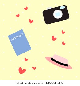 Camera, passport and Panama hat icon on pink background with white dot and red heart. Travel lover concept. Background and texture. Vector.