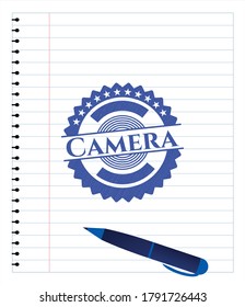 Camera with pen strokes. Blue ink. Vector Illustration. Detailed. 