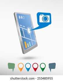 Camera and perspective smartphone vector realistic. Set of bright map pointers for printing, website, presentation element and application mockup.