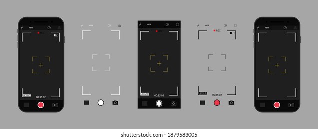 Camera in phone. Photo camera on screen of mobile with interface. UI for selfie in smartphone. App for photo and record video in cellphone. Icons of focus, frame, flash, zoom, grid and buttons. Vector