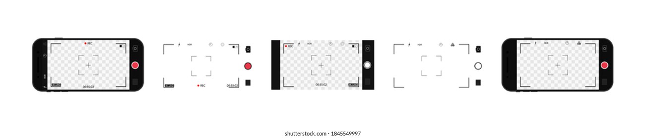 Camera in phone screen for photo. Interface of app for shot photo, record video. Horizontal mockup of smartphone with camera and ui. Icons of viewfinder, flash, focus, zoom, grid for selfie. Vector.