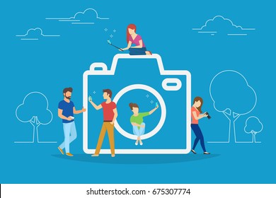 Camera and photo concept vector illustration of young people using smartphones with sticks for taking photos and posting in socail networks. Flat people standing and sitting near big camera symbol