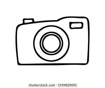 Camera, photo equipment. Digital technology. Vector illustration hand drawn in outline doodle style. Isolate on white background.