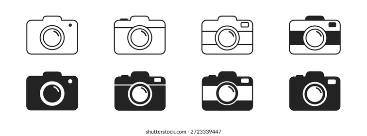 Conjunto de Ícones de Fotografia de Câmera, Símbolos Vetoriais de Linha e Contorno para Aplicativo Móvel e Interface da Web, Pictogramas Planos e Glifos, IU de Fotografia Digital, Isolado no Plano de Fundo Transparente