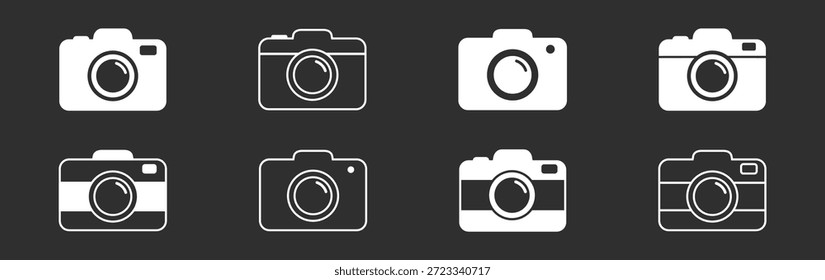 Conjunto de Ícones de Fotografia da Câmera, Contorno e Símbolos de Vetor Plano com Lente e Obturador, Ilustração de Fotografia Digital Moderna e vintage