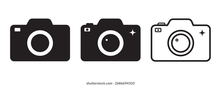 Kamerafoto-Symbol setzt Vektorgrafik. Umriss und Glyphe Kamera Fotografie Logo-Symbol-Design einzeln auf weißem Hintergrund