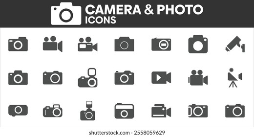 Camera and Photo Icons Set, Containing All Camera and Photo Icons Outlines, Vector Illustration Collection Editable eps10