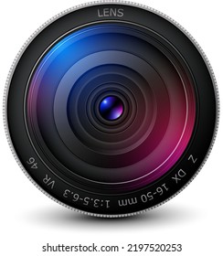 Camera photo lens 3D icon, realistic technology symbol design, vector illustration.