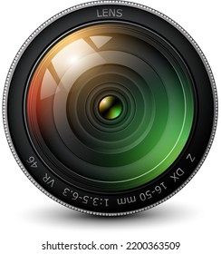 Camera photo lens 3D icon, realistic technology symbol design, vector illustration.