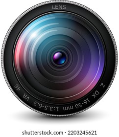 Camera photo lens 3D icon, realistic technology symbol design, vector illustration.