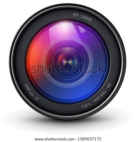 Camera photo lens 3D realistic icon, vector illustration.