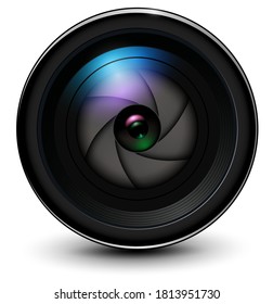 Camera photo lens 3D with shutter inside realistic icon, vector illustration.