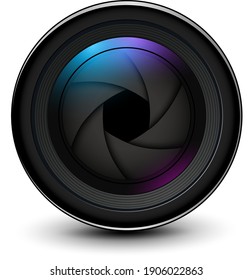 Camera photo lens 3D with shutter inside realistic icon, vector illustration.