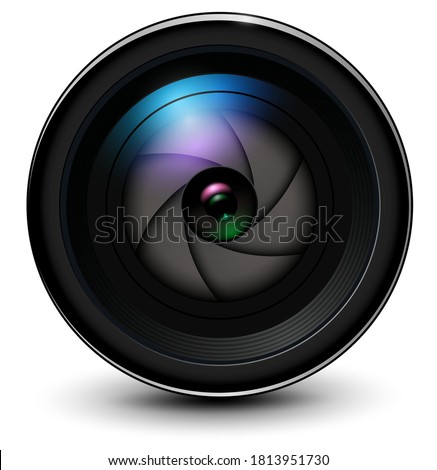 Camera photo lens 3D with shutter inside realistic icon, vector illustration.