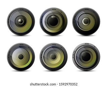 Camera photo lens collection. Set in realistic illustration with color. Video camera. Vector 3d