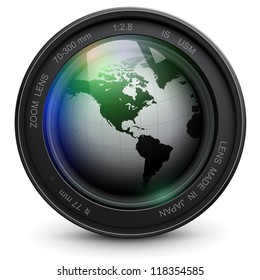 Camera photo lens with earth globe inside, vector.