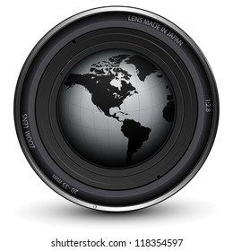 Camera photo lens with earth globe inside, vector.